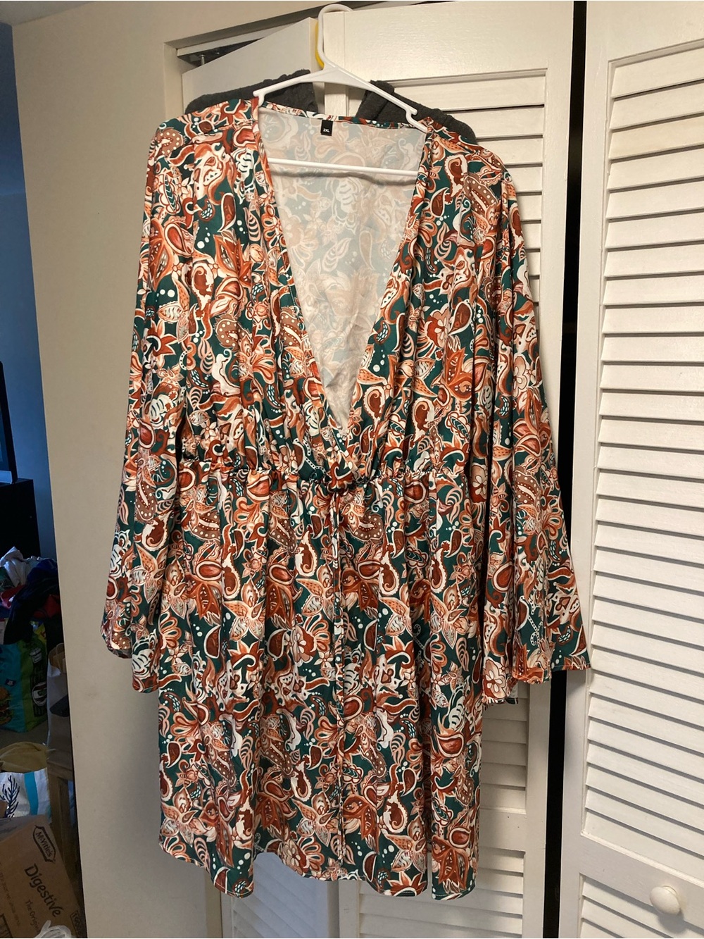 Paisley Print V-Neck Tunic Dress in Teal & Rust